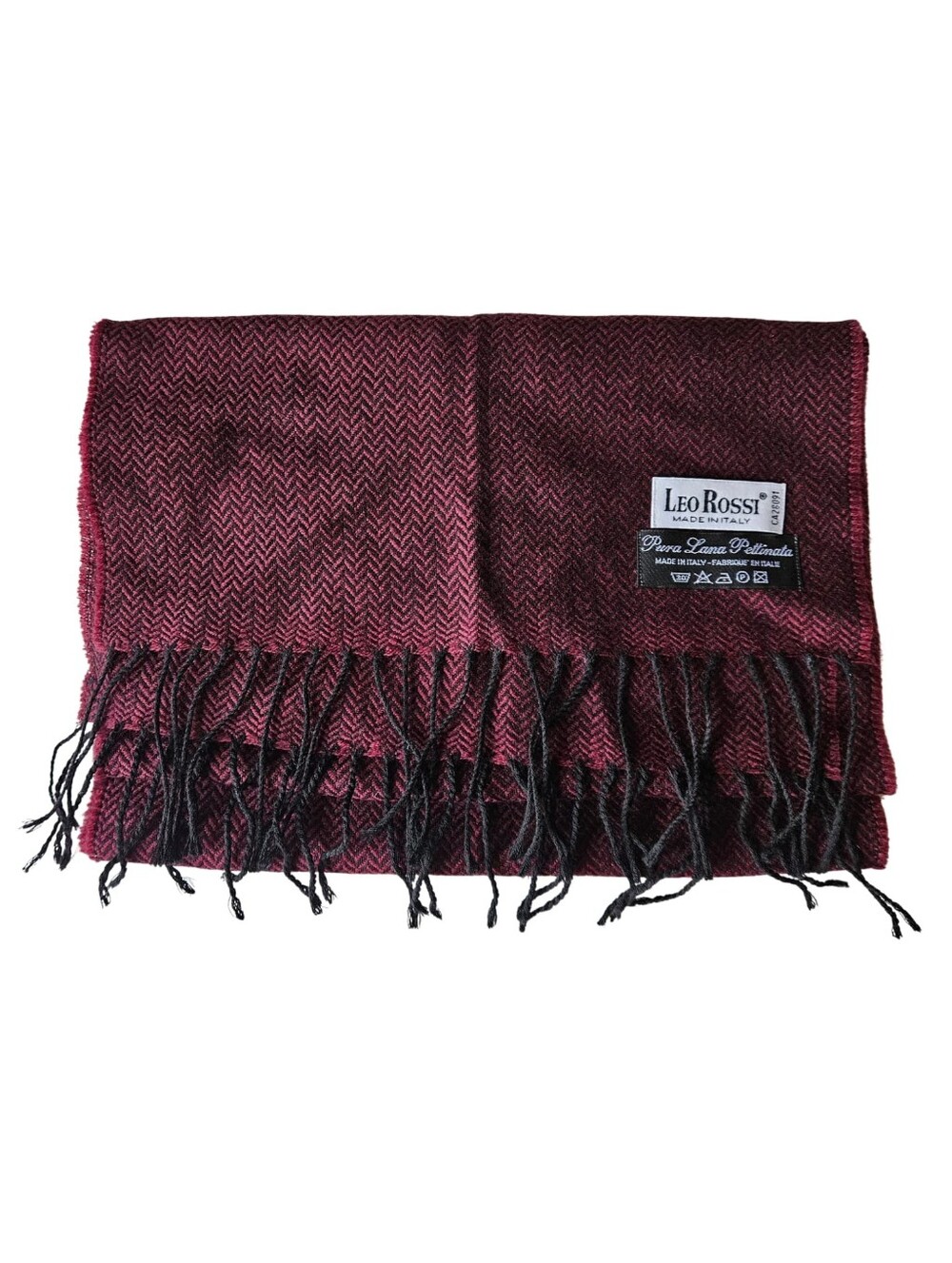 🇮🇹NWOT Leo Rossi Burgundy and Black Herringbone Wool Scarf with Fringe